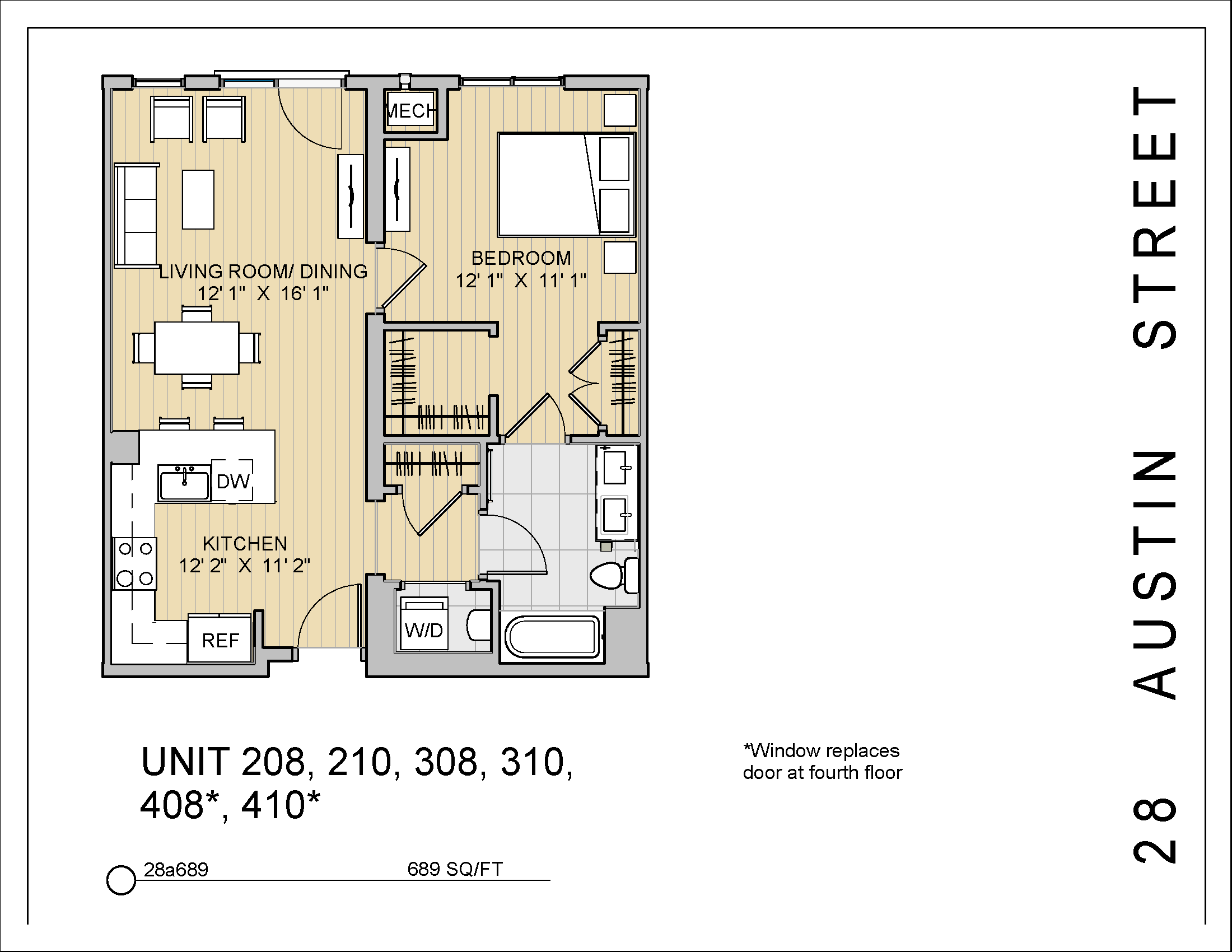 Floor plan for 1 bed, 1 bath, 689 sqft